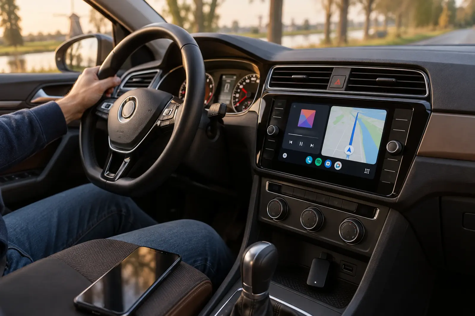 Android Auto met muziek en navigatie op een ingebouwd scherm na Android Auto bestellen in Rotterdam, de telefoon ligt in de middenconsole