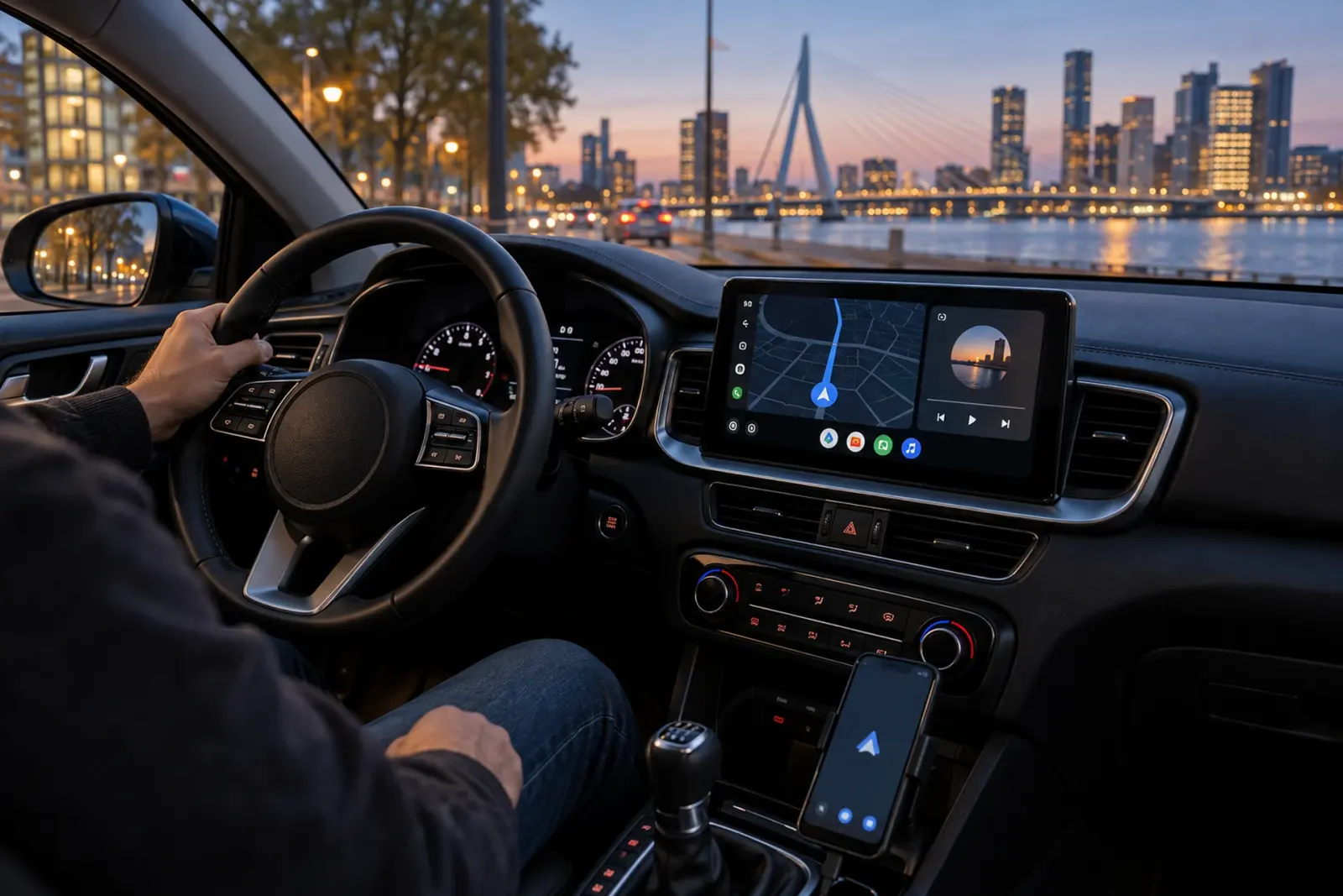 Android Auto met navigatie op een breed touchscreen in het dashboard, met de Erasmusbrug en de skyline van Rotterdam in de avond
