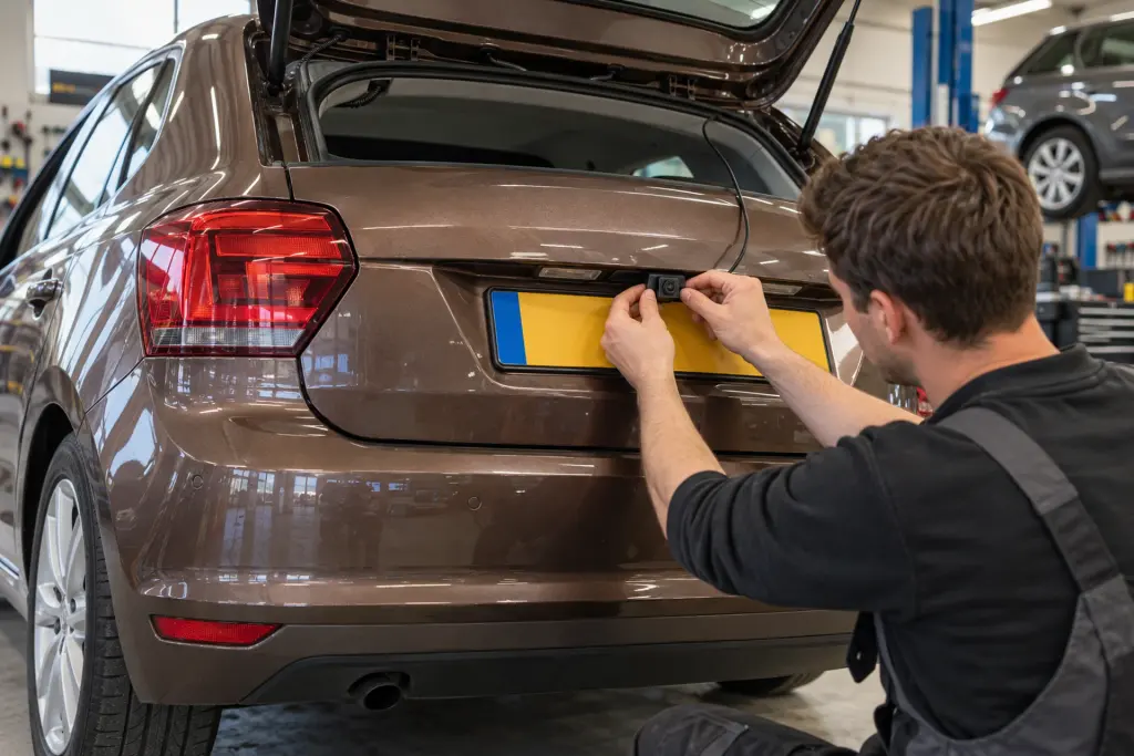 Achteruitrijcamera wordt boven de kentekenplaat van een bruine hatchback gemonteerd voor een klant uit Rotterdam