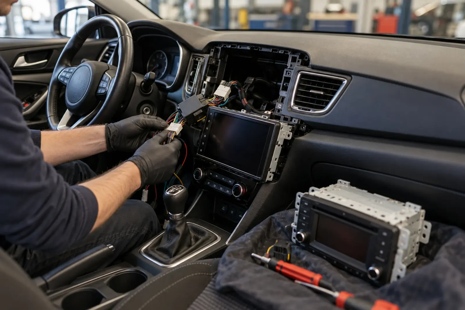 Monteur met handschoenen sluit de kabelboom aan bij het Android Auto radio inbouwen in Rotterdam; de oude autoradio ligt op de stoel