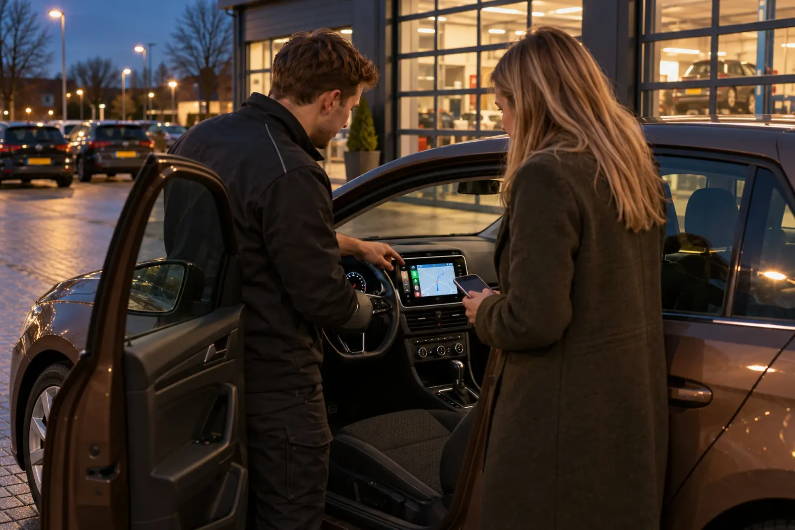 Monteur toont de bediening van het nieuwe scherm aan een klant na het CarPlay bestellen in Rotterdam, bij de auto voor de werkplaats