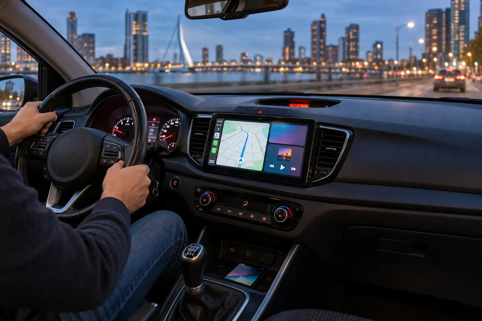 Bestuurder volgt de navigatie op een ingebouwd CarPlay-scherm, met de Erasmusbrug en de skyline van Rotterdam op de achtergrond