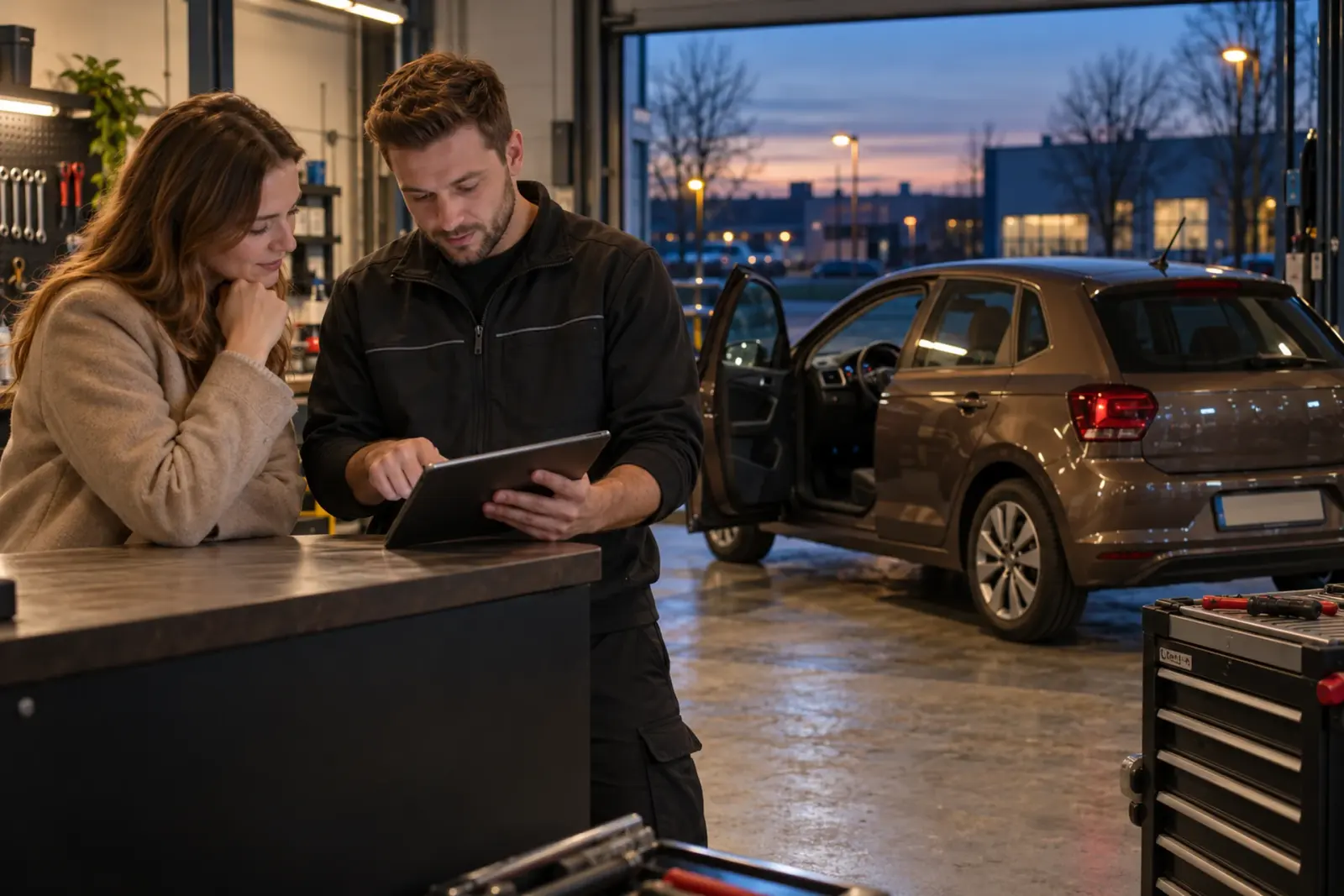 Adviseur bespreekt de offerte voor CarPlay inbouwen met een klant uit Rotterdam aan de balie van de werkplaats