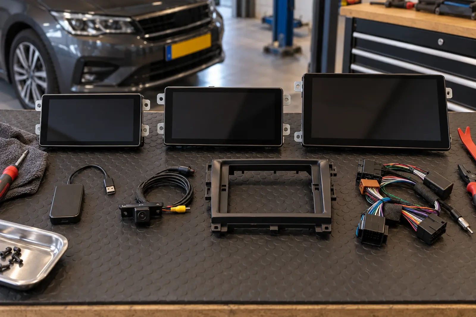 Touchscreens, adapters, inbouwframe, kabelbomen en een achteruitrijcamera op de werkbank, de onderdelen achter de CarPlay prijzen in Rotterdam