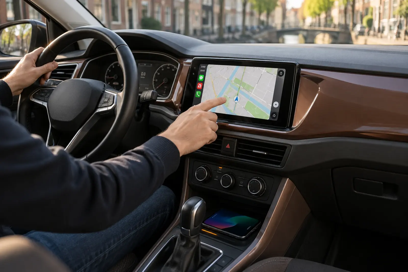Vinger op een ingebouwd 9-inch touchscreen met navigatie na het CarPlay scherm bestellen in Rotterdam, met water en huizen op de achtergrond