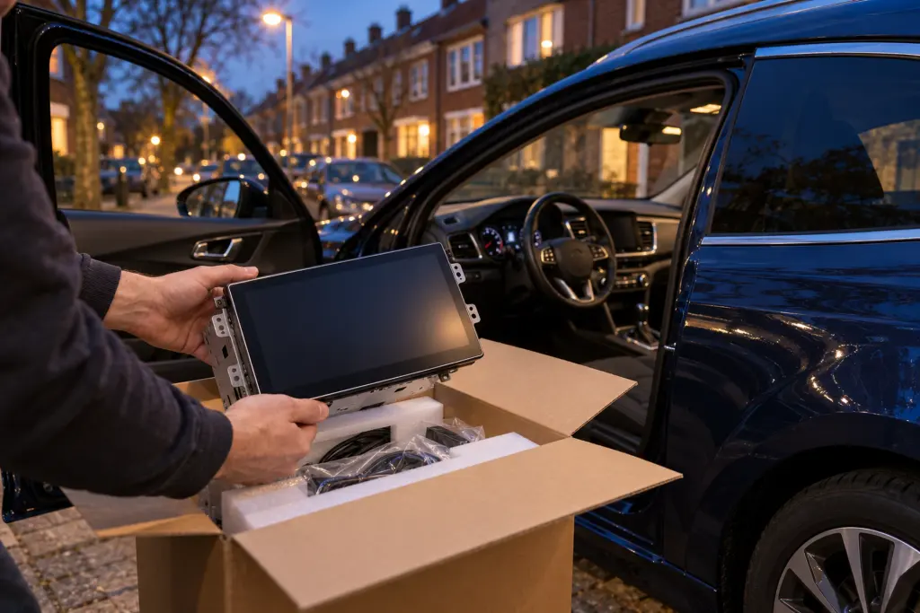 Nieuw touchscreen met CarPlay wordt uit de doos gehaald naast een blauwe auto in een Rotterdamse straat