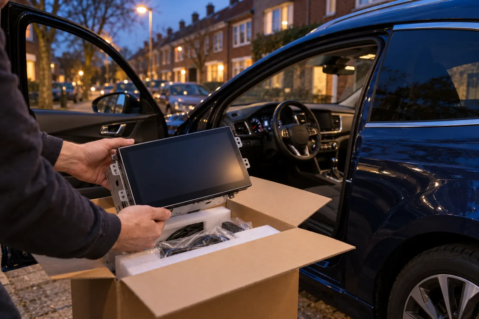 Nieuw CarPlay-touchscreen wordt uit de verpakking gehaald naast een blauwe auto in een woonstraat in Rotterdam