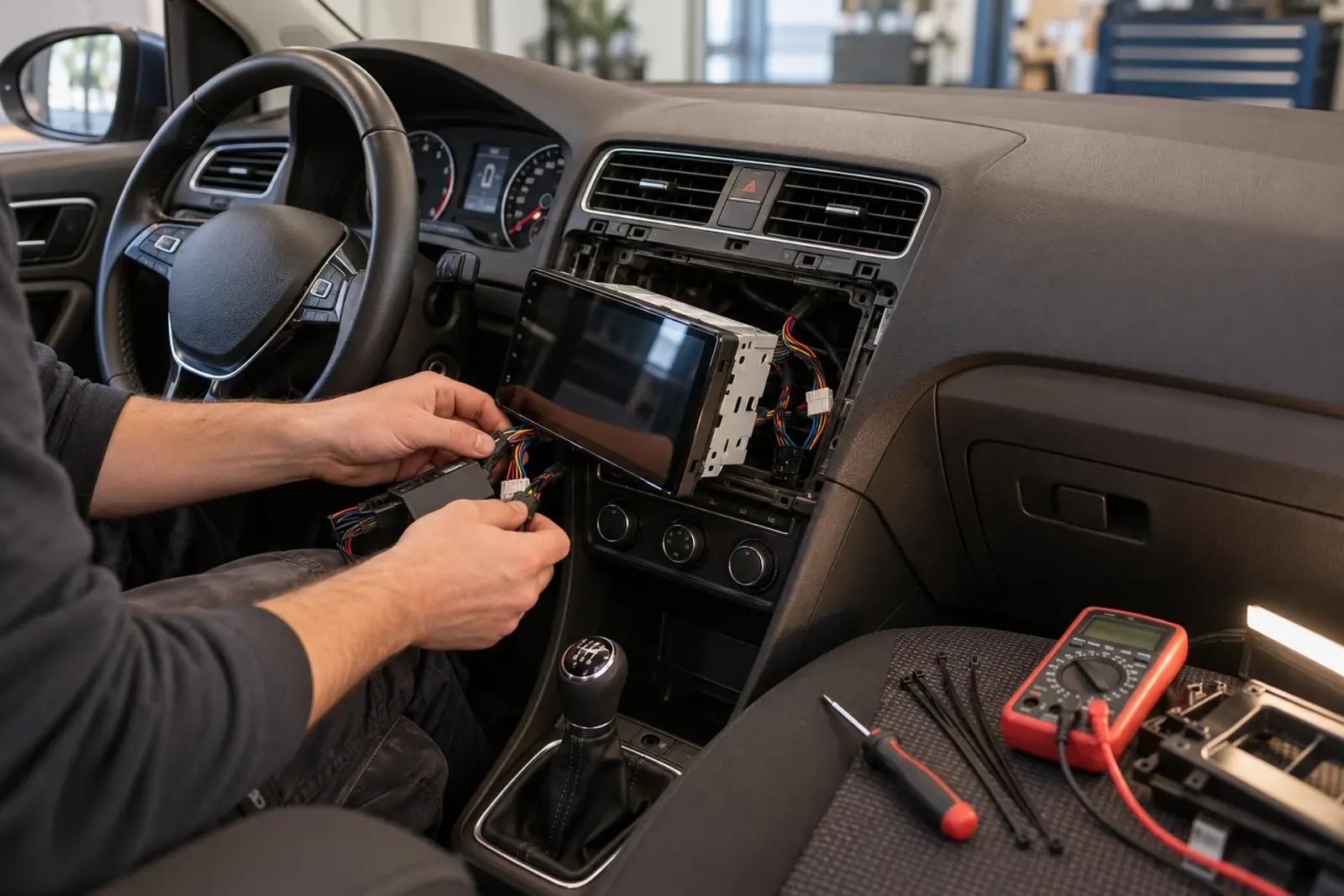 Monteur sluit de bekabeling en de stuurwielinterface aan achter de 2-DIN-opening, met een multimeter en gereedschap naast zich