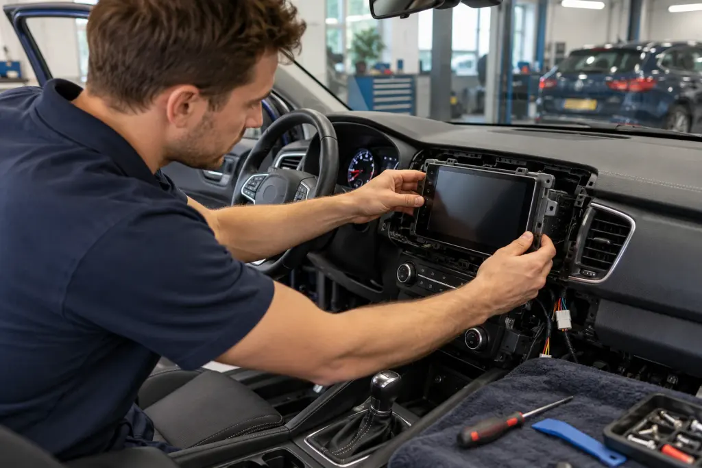 Monteur schuift een nieuw CarPlay-scherm in het dashboard in de werkplaats van de inbouwpartner in regio Rotterdam
